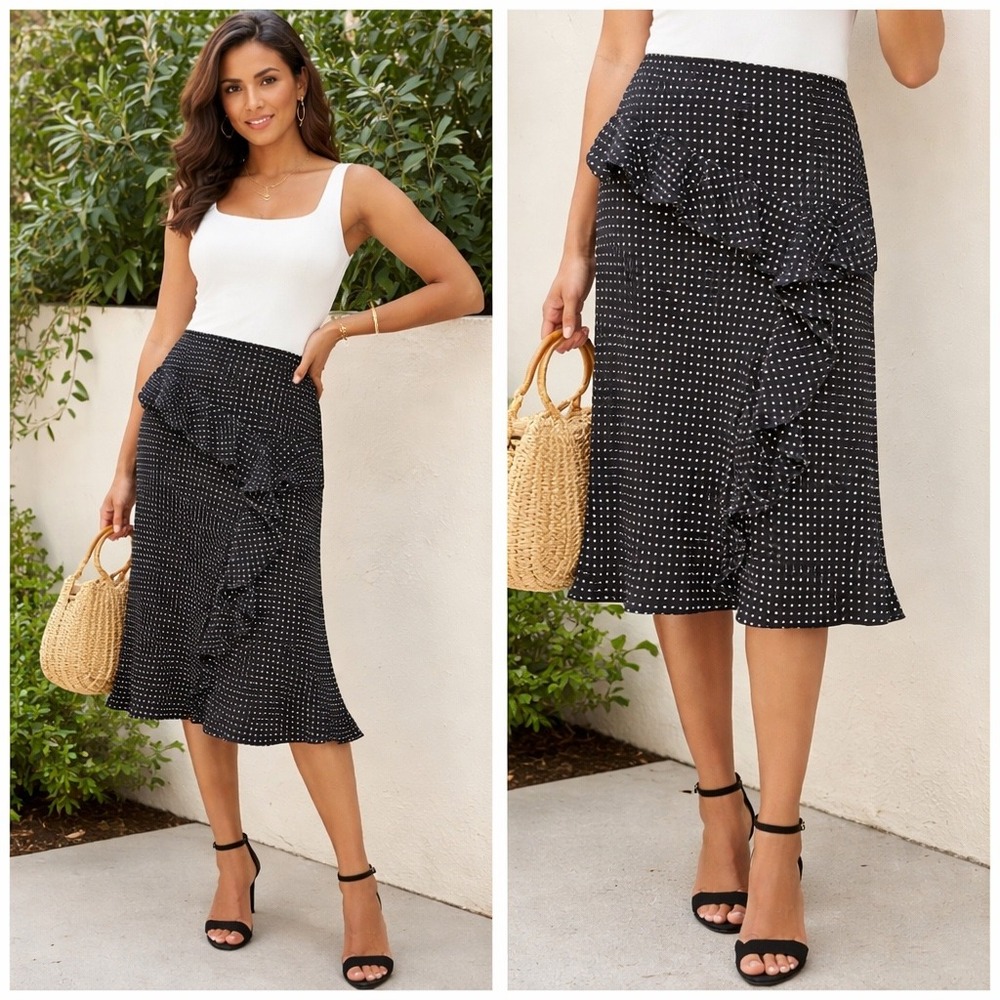 JONES NEW YORK Black Polka Dot 100% Silk Ruffle Midi Skirt Size 8 Retro Classic